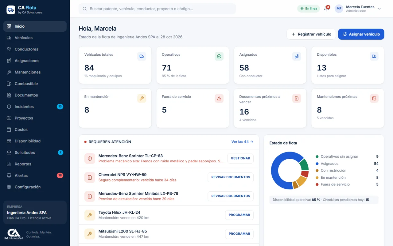 Panel principal de CA Flota en su demo, con datos de ejemplo